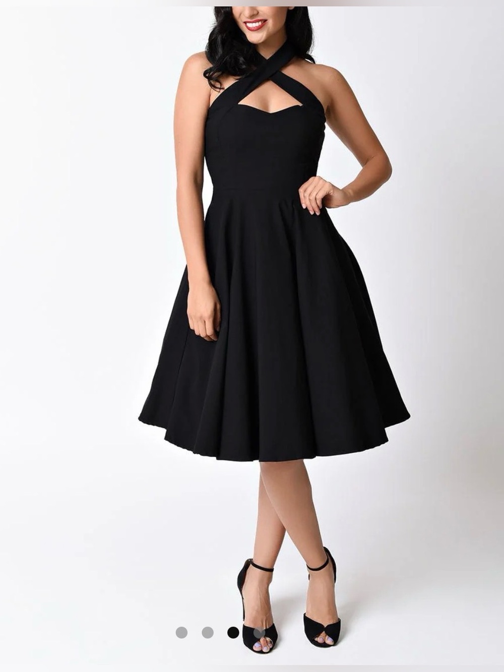 Unique Vintage Black Criss Cross Halter Rita Flare Dress Size M - Picture 2 of 8